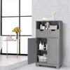 A gray bathroom cabinet with its doors open, displaying various toiletries and towels. Náhled obrázku produktu