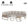 A diagram showing the dimensions of a sectional outdoor sofa and two coffee tables, with weight capacity information at the top. Produktbild-Vorschau