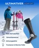 A couple in ski gear standing in the snow with skis, and a close-up of a ski sock. Produktbild-Vorschau