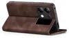A brown flip cover case for a smartphone is shown from a side angle, with the cover open to reveal the phone's camera. Produktbild-Vorschau