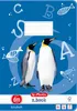 A notebook cover with penguins and letters on a blue background. Produktbild-Vorschau