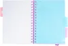 An open spiral notebook with graph paper on the left page and a blue plastic divider on the right page. Produktbild-Vorschau