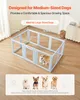 A dog playpen is shown in a room with dimensions labeled. Several dog breeds are pictured below. Produktbild-Vorschau
