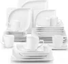 A collection of white ceramic dinnerware, including plates, bowls, and cups, neatly arranged. Produktbild-Vorschau