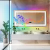 A modern bathroom with a large LED mirror featuring RGB lighting and a musical note graphic. Produktbild-Vorschau