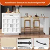 A white kitchen island with an extendable table and two bar stools, with close-up shots of product details. Produktbild-Vorschau