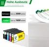 Ink cartridges and a stack of paper with marketing text. Produktbild-Vorschau
