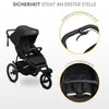 A black stroller is shown with close-up insets highlighting its features. Náhled obrázku produktu