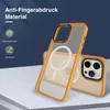 A yellow and clear iPhone case with magnetic charging ring shown on a light gray surface with a dark blue background. Produktbild-Vorschau