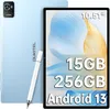 A light blue tablet and stylus are shown next to a marketing graphic displaying tablet specifications. Produktbild-Vorschau
