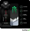 A close-up view of a gaming chair's headrest and back, with an illustration of fabric layers and airflow, and a list of fabric features. Produktbild-Vorschau