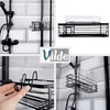 A collage of images showing a black metal shower caddy attached to a shower pole, with close-ups of its features and a hand interacting with it. Náhled obrázku produktu