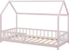 A pink and white house-shaped bed frame with a slatted base, shown against a white background. Produktbild-Vorschau