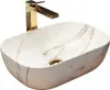 A white oval countertop sink with a marble-like pattern and a gold faucet. Anteprima dell’immagine prodotto