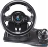 A black gaming steering wheel and pedals set on a white background. Anteprima dell’immagine prodotto