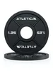 Two black weight plates are stacked on a white background. The top plate is angled towards the viewer. Produktbild-Vorschau