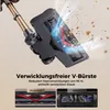 A close-up of a vacuum cleaner head with debris being sucked up, accompanied by text and comparison images. Produktbild-Vorschau