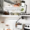 A person is using a tablet mounted on a stand in a kitchen setting, with a second image showing the stand clamped to a shelf. Produktbild-Vorschau