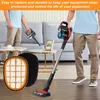 Two people are in a living room, one holding a vacuum cleaner and the other with a vacuum cleaner in the background. A filter for the vacuum cleaner is in the foreground. Produktbild-Vorschau