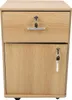 A close-up, front-facing view of a light brown, wooden mobile filing cabinet with one drawer and one cabinet door, both featuring locks and keys. Anteprima dell’immagine prodotto