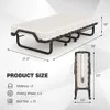 Collage of images showing a folding bed in its open and folded states, with dimensions and product details labeled. Voir les images du produit