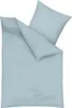 A light blue pillowcase and duvet cover are laid out on a white background.