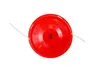 A red string trimmer head with two white nylon lines extending from it, isolated on a white background. Podgląd zdjęcia produktu