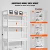 A white shelving unit with adjustable shelves, shown with weights on the top shelf and diagrams illustrating different height configurations. Anteprima dell’immagine prodotto