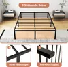 A black metal bed frame is shown in a bedroom setting with two nightstands. Close-up insets highlight construction details. Náhľad obrázku produktu