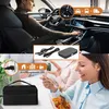 A collage showing a man driving a car, a lunchbox with its accessories, and a woman eating from a lunchbox. Produktbild-Vorschau