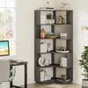 A corner bookshelf filled with decorative items and books, placed in a room with a window and a desk. Produktbild-Vorschau
