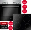 A collage showing an oven and a stovetop, with marketing text overlays. Produktbild-Vorschau