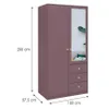 A plum-colored wardrobe with a mirrored door and gold handles, shown with dimensions indicated. Podgląd zdjęcia produktu