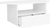 A white, oval-shaped coffee table with a shelf and a partially open drawer. Voir les images du produit