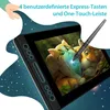 A digital drawing tablet with a stylus is shown, with a digital illustration on its screen. The background is dark blue with white stars, and there is text overlaying the top of the image. Produktbild-Vorschau