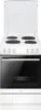 A white freestanding electric cooker with four hob burners and an oven. The cooker has a glass oven door and a flip-up lid covering the hob. Produktbild-Vorschau