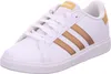A close-up studio shot of a white Adidas sneaker with gold stripes. Produktbild-Vorschau