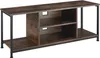 A TV stand with shelves and a dark wood grain finish with black metal legs, shown against a white background. Produktbild-Vorschau