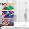 A collage of three close-up images showing tweezers being used to repair electronic devices and a watch mechanism, alongside a full-shot image of a pair of tweezers. Produktbild-Vorschau