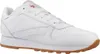 A white Reebok Classic Leather sneaker with a gum sole, shown from a side angle against a white background. Produktbild-Vorschau