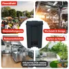 A collage of images showing different settings where a dark gray trash can can be used, with text overlays describing the locations and the trash can's versatility. Voir les images du produit