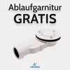 A white drain fitting is shown against a light gray and white background, with promotional text above. Produktbild-Vorschau