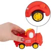 A hand holding a red toy fire truck with a close-up inset showing a wheel. Produktbild-Vorschau