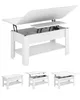 A white lift-top coffee table with storage is shown from multiple angles, demonstrating its functionality. Voir les images du produit