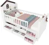 A white children's bed with a house-shaped headboard, drawers underneath, and bedding. Náhľad obrázku produktu