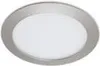A round, flat LED ceiling light with a silver metal rim and a white diffuser. Produktbild-Vorschau