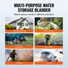 A collage of six different scenarios where a water storage bladder can be used, including home water storage, garden watering, camping, field irrigation, firefighting, and car washing. Podgląd zdjęcia produktu