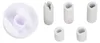 A white plastic knob and several small white adapter pieces are arranged on a white background. Produktbild-Vorschau