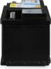 A black car battery with labels on top. Produktbild-Vorschau