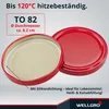 Two red jar lids are shown, one open and one closed, with text overlays describing features. Produktbild-Vorschau